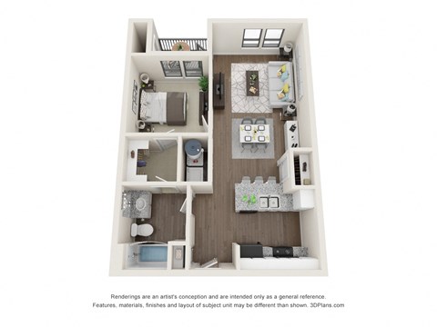 Floor plan for 1 bed, 1 bath, 656 sqft